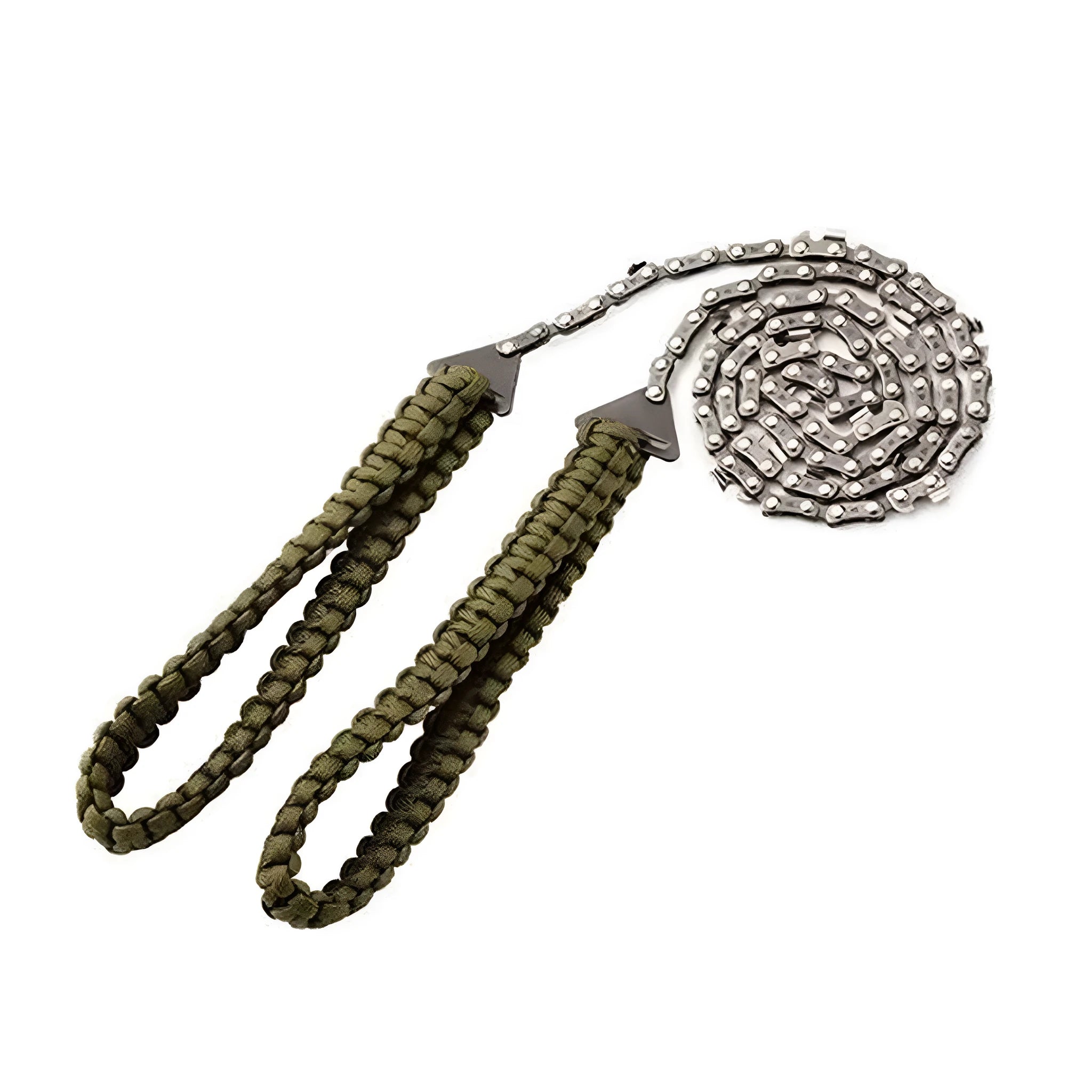 Braided umbrella rope camping survival pocket saw in army green with manganese steel blade, expanded to 103 cm, on natural wood surface