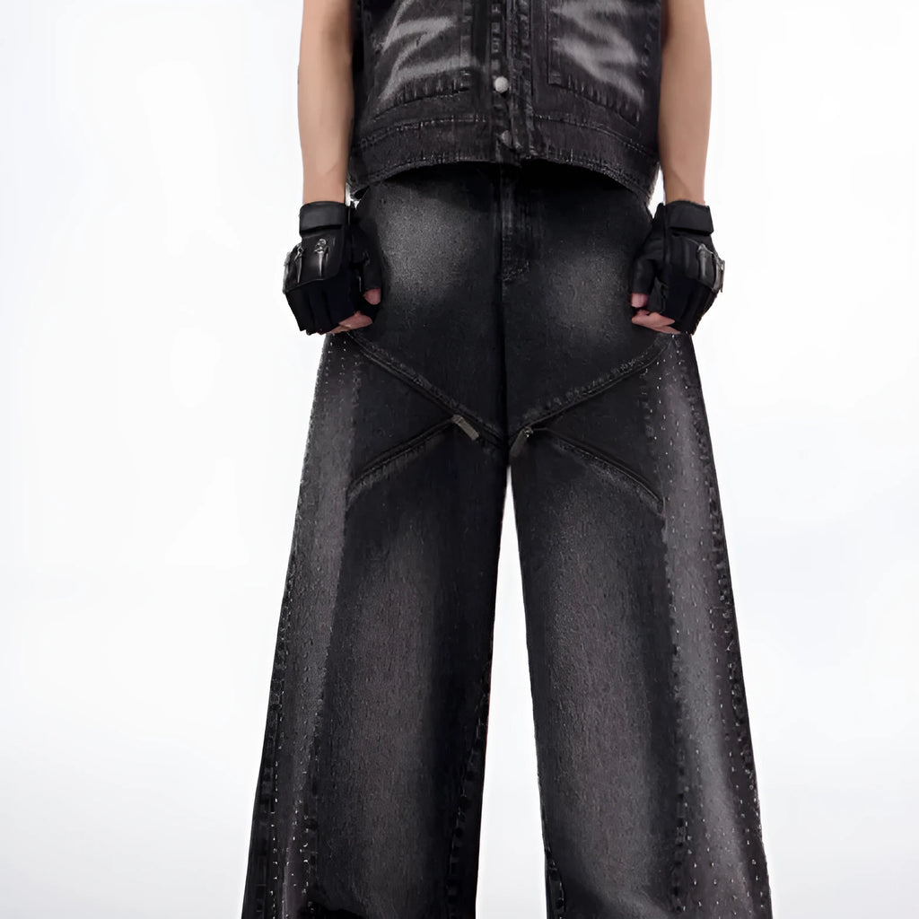 Black and grey structured zipper wide leg pants with washed denim fabric Korean style