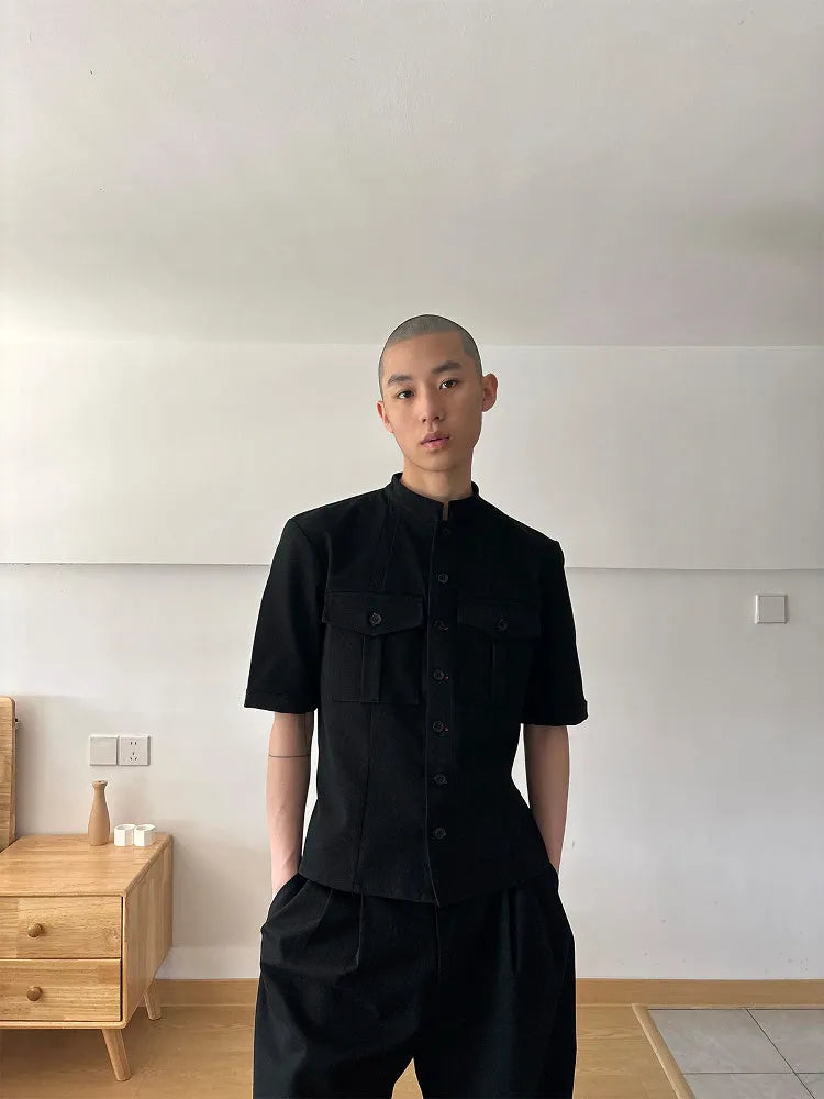 Black handmade half sleeve hunting shirt with shirt collar and single-breasted placket