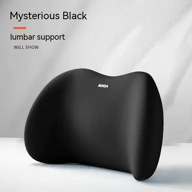 Black memory foam car lumbar support pillow and matching headrest pillow on a car seat.