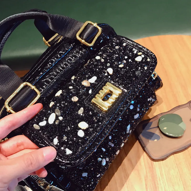 Black cowhide leather shoulder bag with diamond pattern, large capacity, for casual travel