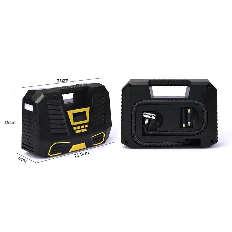 Carsun 100W 12V car air pump with digital display and 3m power cable on a garage floor