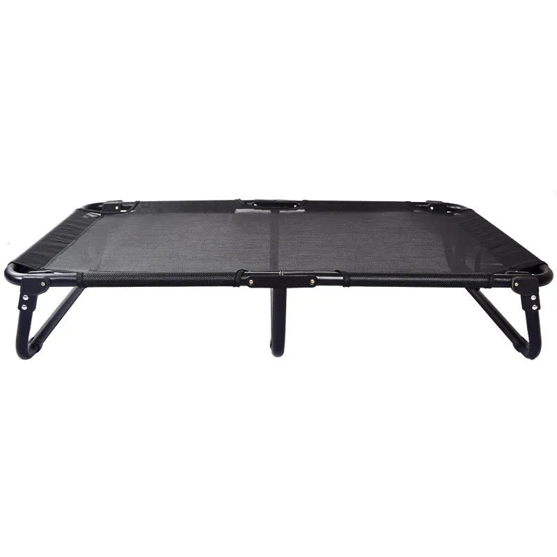 Pet dog iron frame mesh camp bed with steel pipe construction, folding design, and included mattress in size XL.