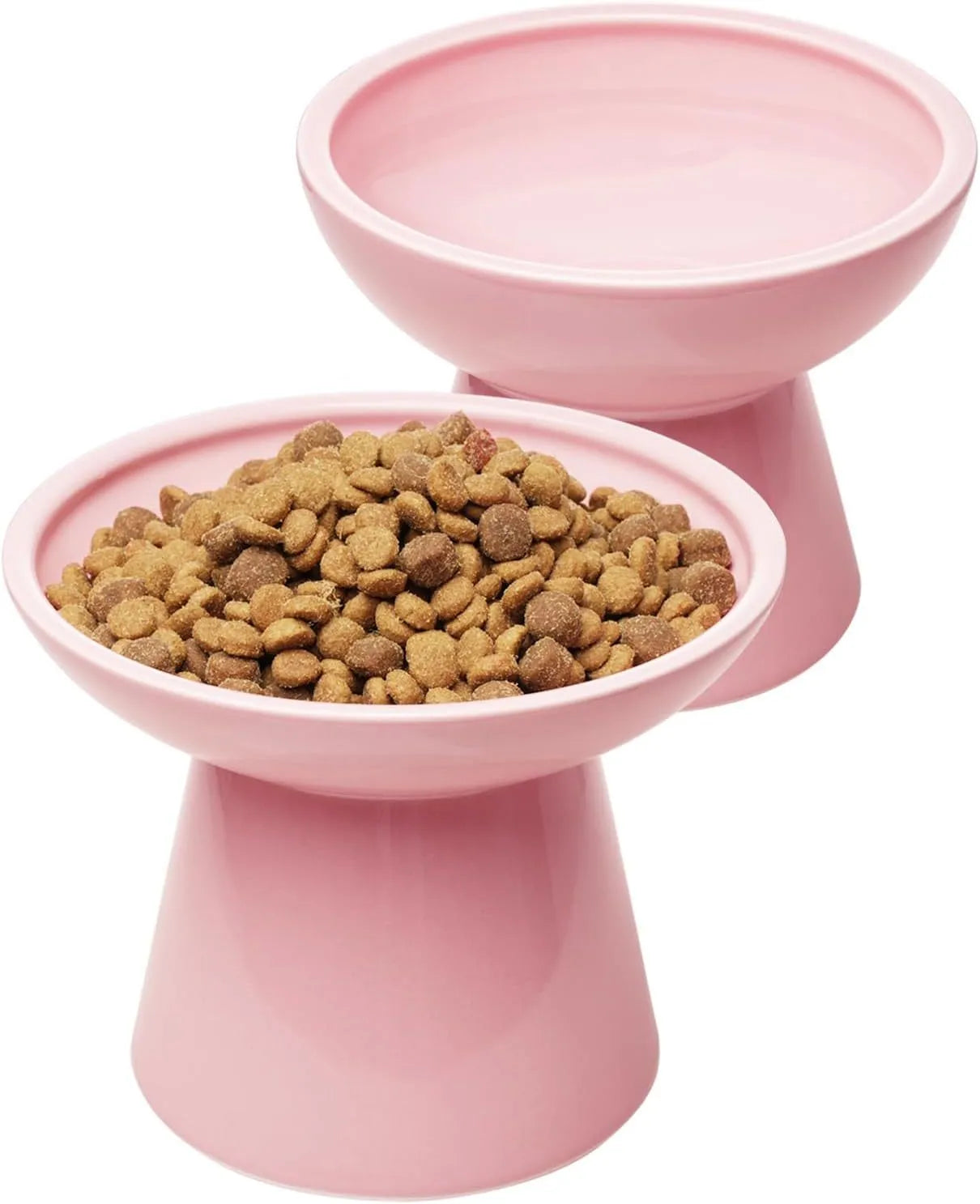 Ceramic elevated cat food bowl with wide shallow design in blue colour