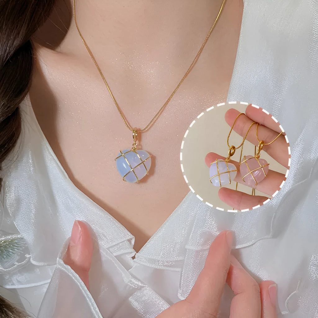 Fashion moonstone heart necklace with electroplated gold finish, adjustable chain, Barbie opal colour
