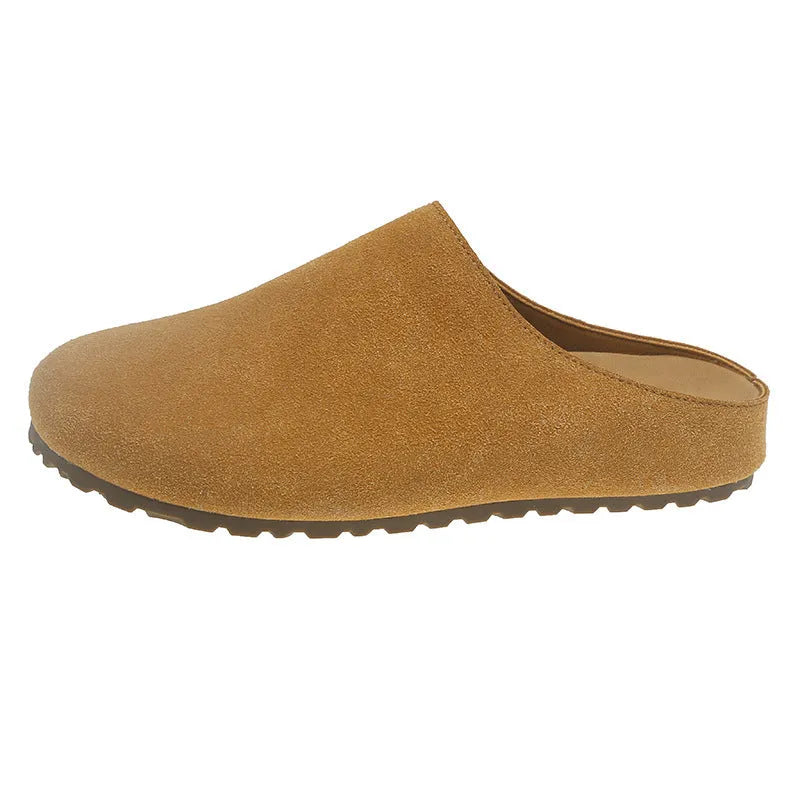 Korean style flat slip-on slippers in apricot colour with microfiber upper and PU sole.