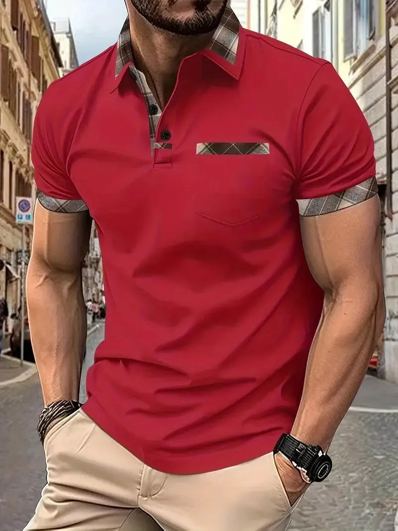 Men's plaid colourblock t-shirt with zipper decorations on polyester fabric in multiple colours