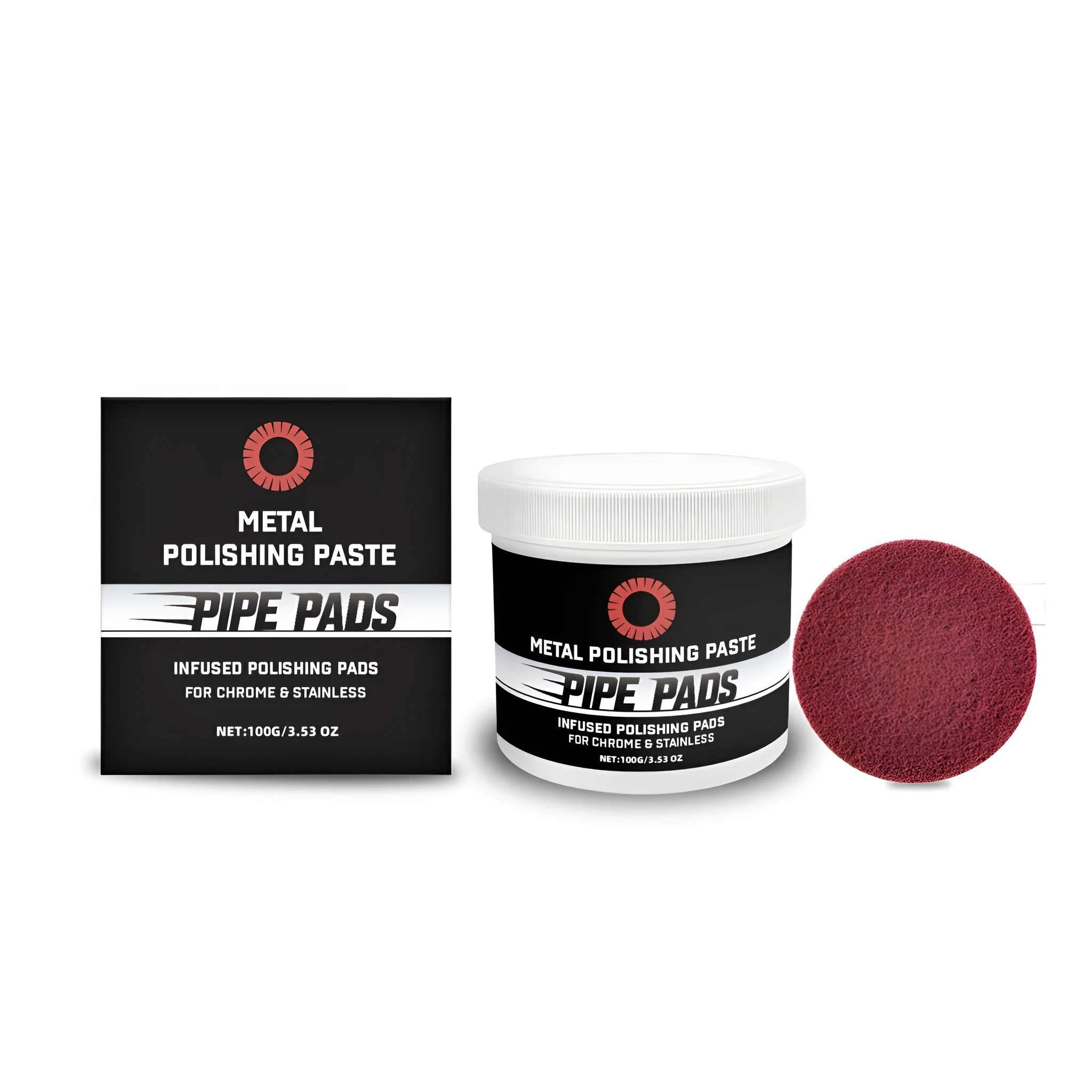 Metal Polishing Care Set 100g tube with white polishing pad on a grey surface