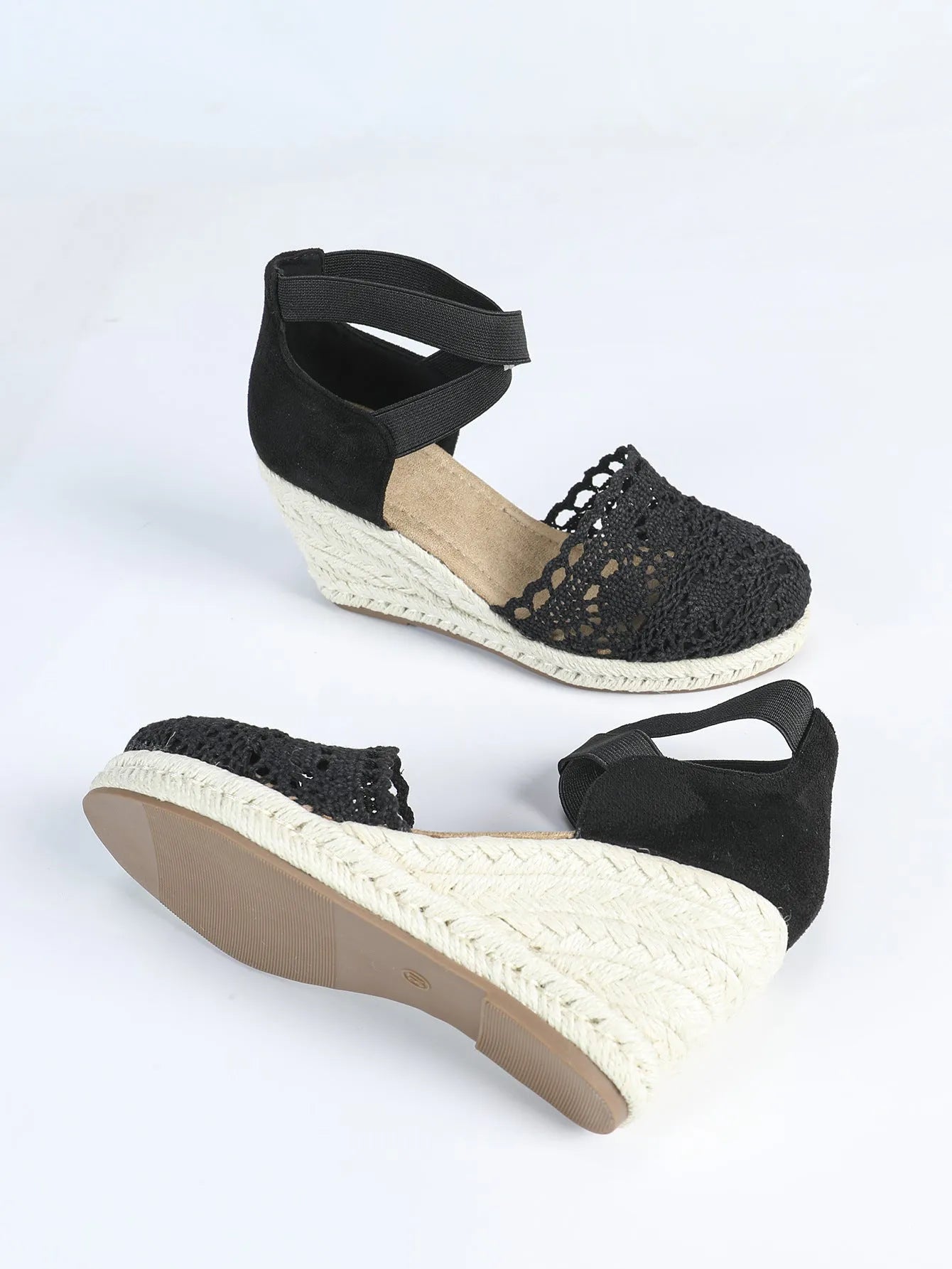 Women's canvas wedge sandals in Roman style with round toe, shown in apricot and black colour options