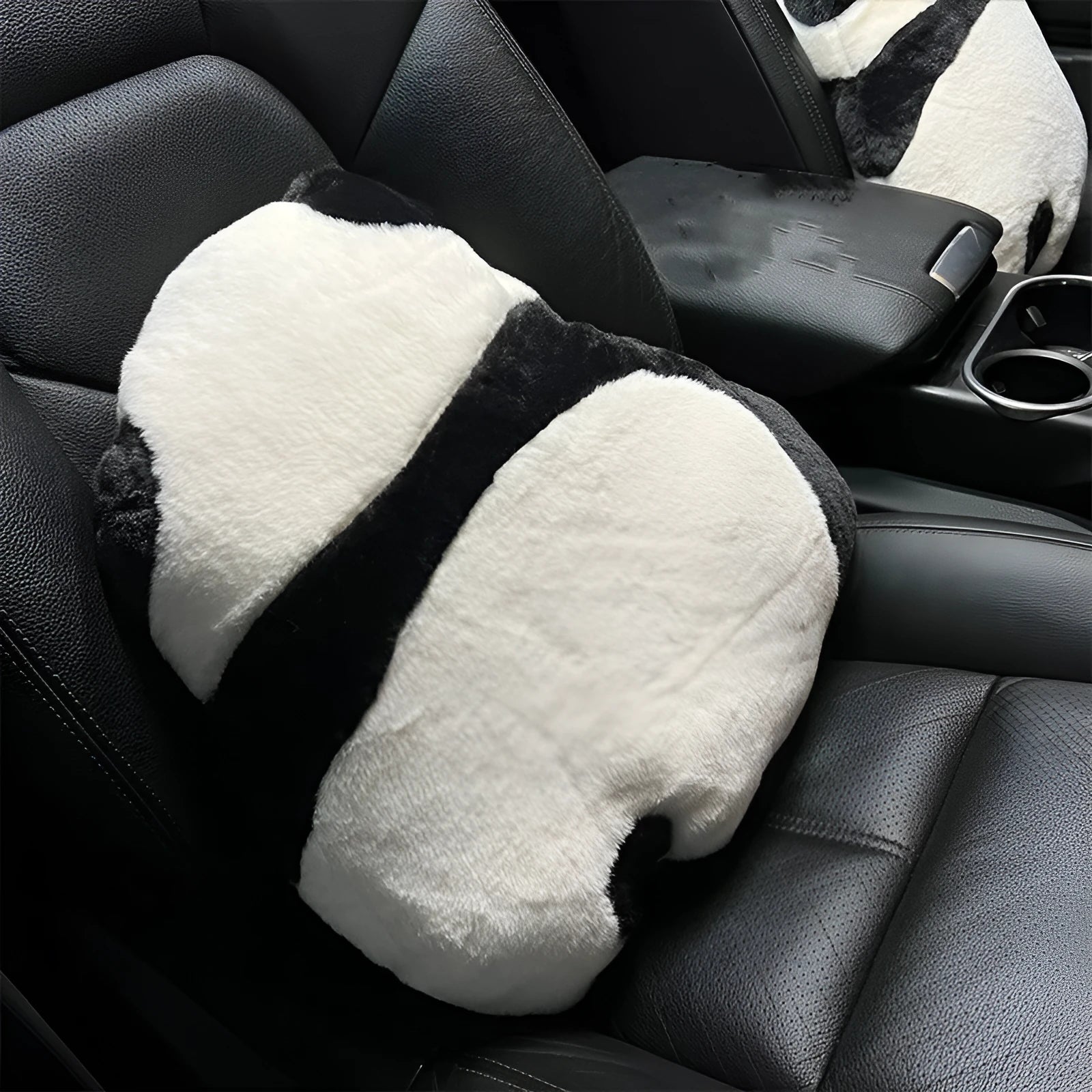 Soft plush automotive waist cushion with a cartoon panda pattern, filled with PP cotton for car lumbar support.
