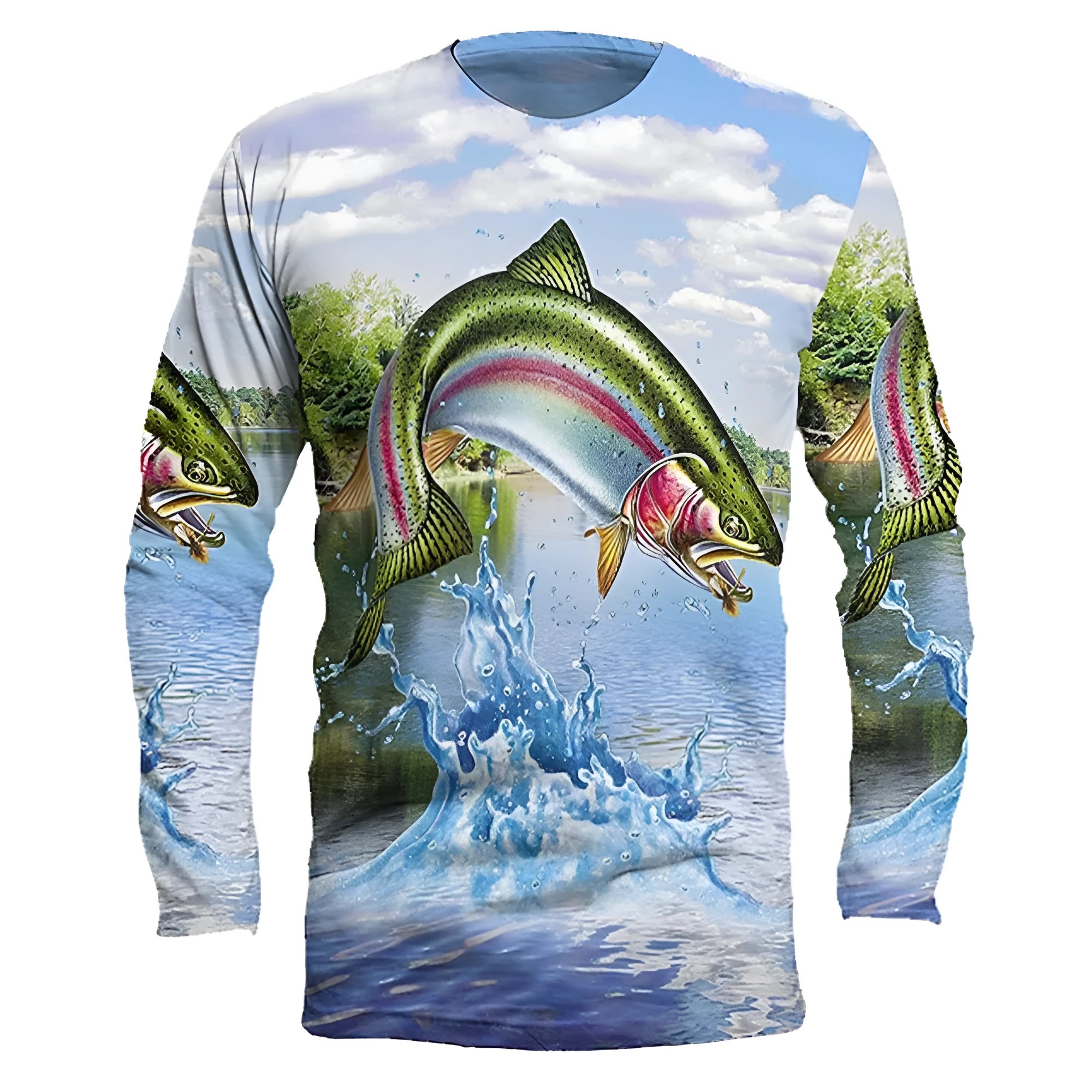 Men's grey round neck pullover with a large colourful fish graphic print on the front.