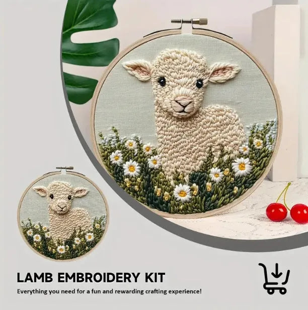 Cute cartoon embroidery pin punch start-up process suit sheep style on cloth with hand-woven details