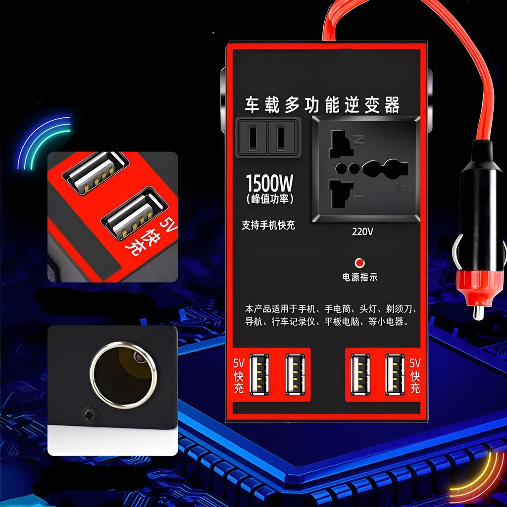 Black automotive 12V 24V to 220V power converter with AC socket and USB charging ports.