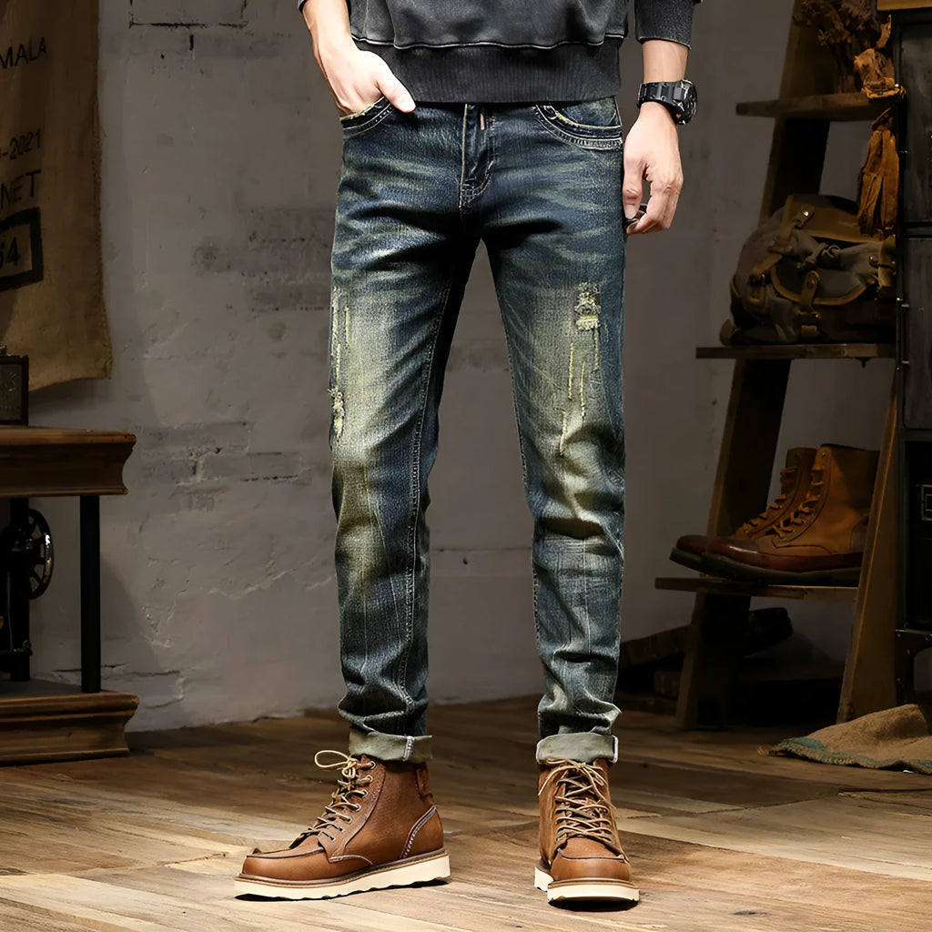 Men's retro colour skinny fit jeans with stretch denim and zip fly closure