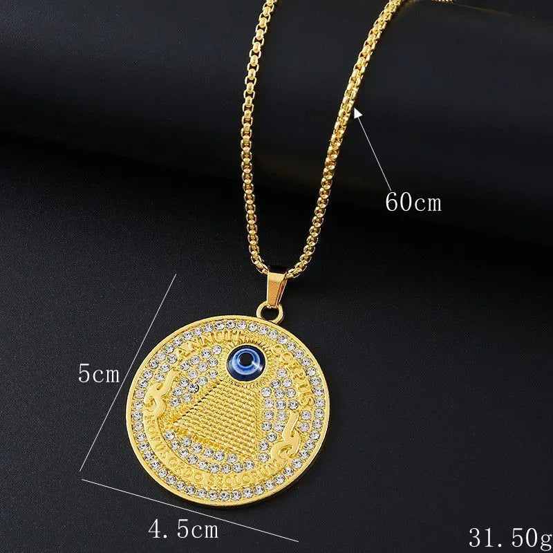 Geometric gold colour alloy pendant necklace with inlaid zircon detailing