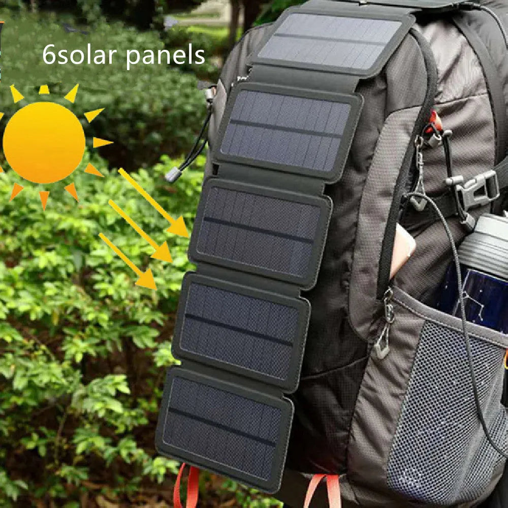 Folding solar panel charger with monocrystalline silicon cells, USB output, and compass buckle in black