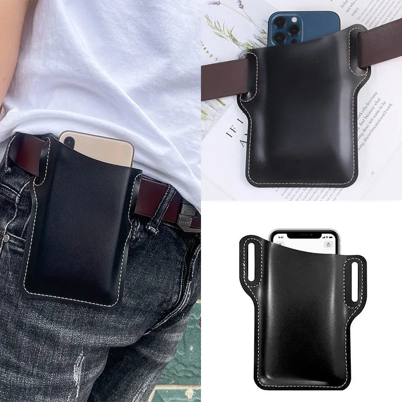 Men's PU square vertical waist belt bag in black, designed for oversized phones, front view