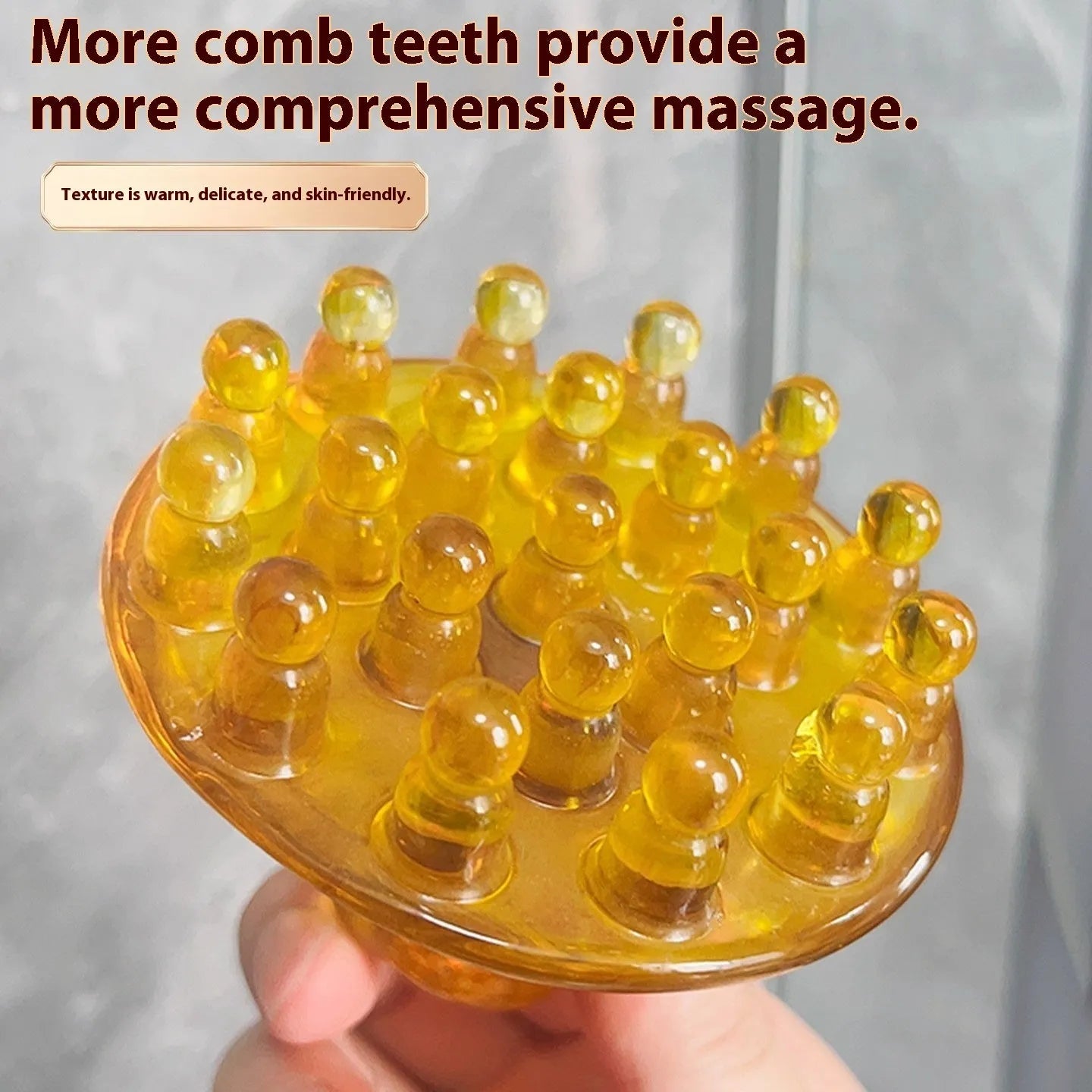 A disc-shaped meridian massage comb with 21 teeth, shown in coffee brown and yellow colour options.