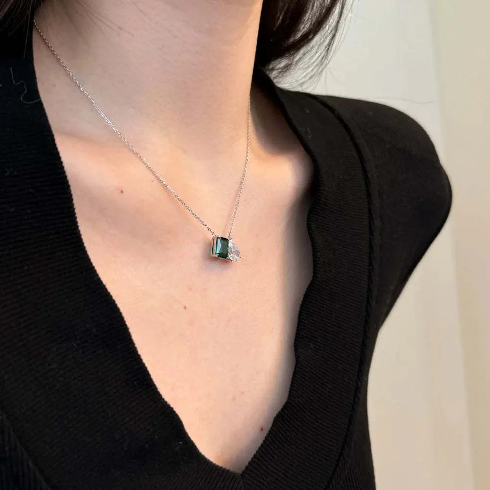 S925 silver double main stone rectangular water drop necklace with platinum finish on O-ring chain