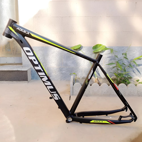 Black Green 29-inch aluminium mountain bike frame showing disc brake mounts and internal cable routing ports.