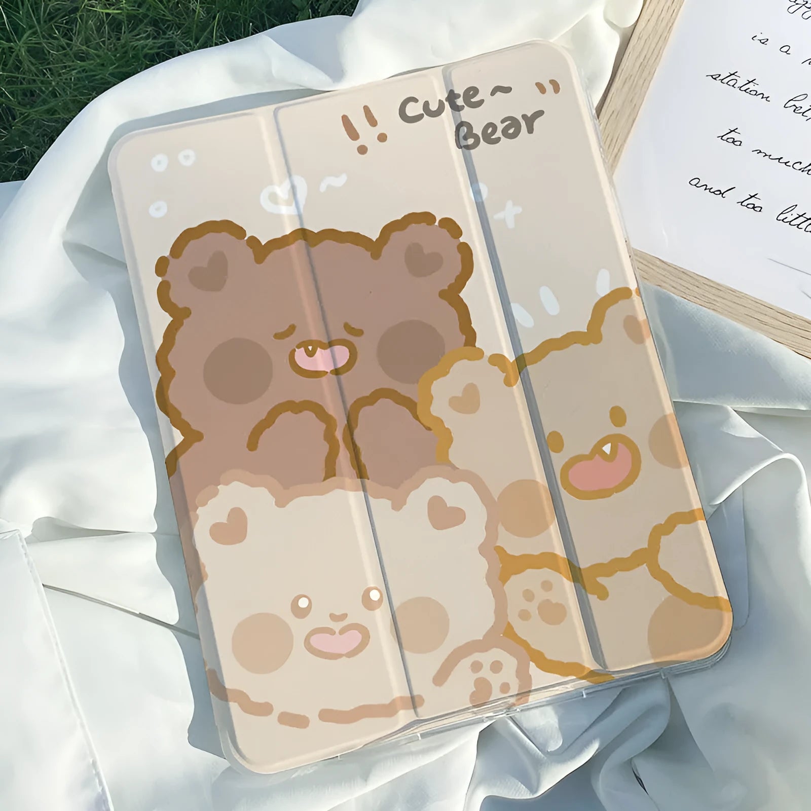Rabbit cartoon design tri-fold silicone protective case for an iPad tablet, shown in stand mode.