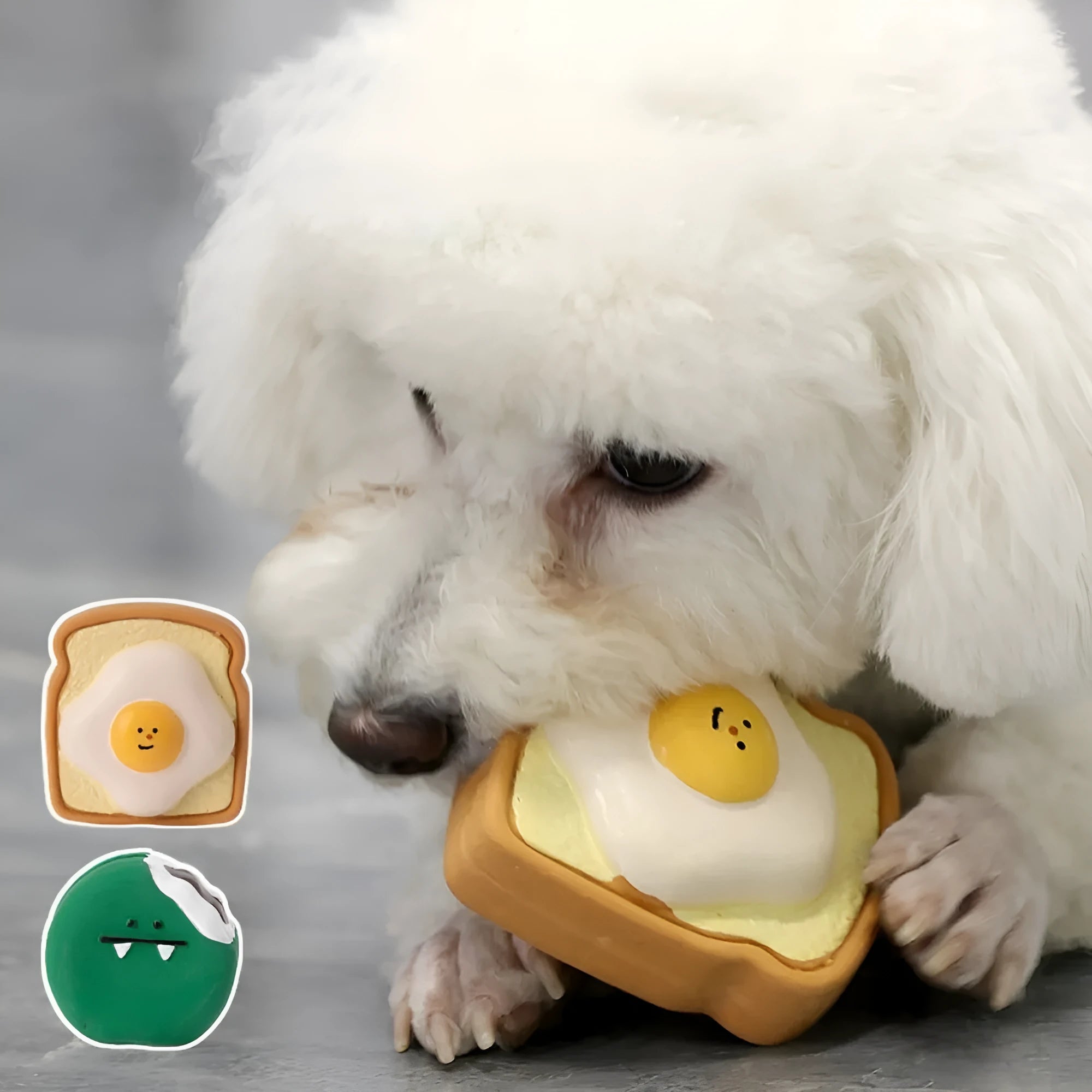 Green and yellow egg-shaped latex dog toy with cartoon bread pattern and squeaker