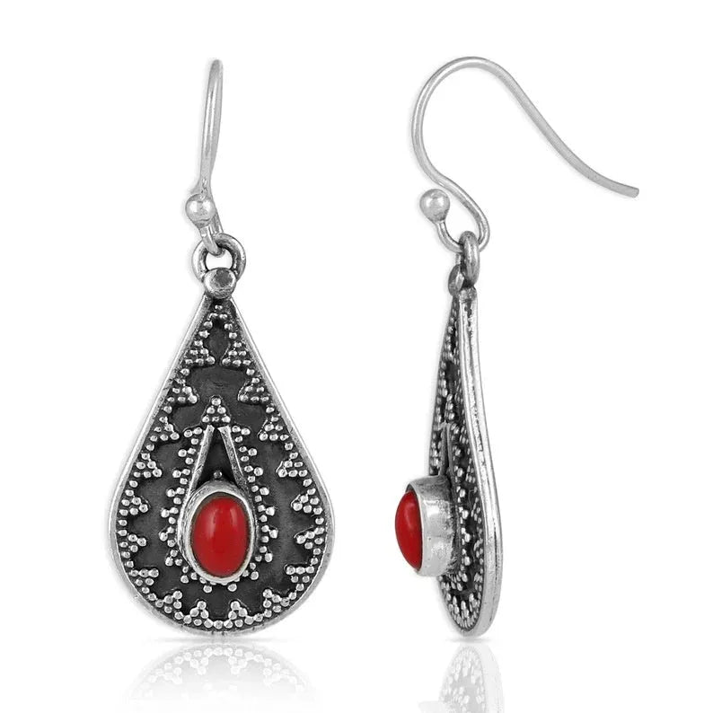 Silver drop earrings with red pine gemstone detail in European style
