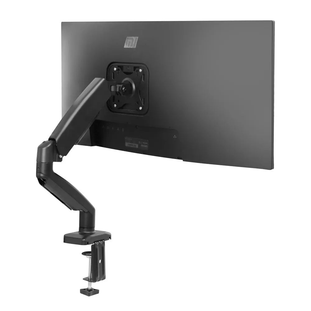 Black rotating telescopic monitor bracket on desk with adjustable arm and elevated design
