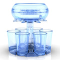 Clear PMMA 6-shot glass dispenser holder with rack and six cups on a table.
