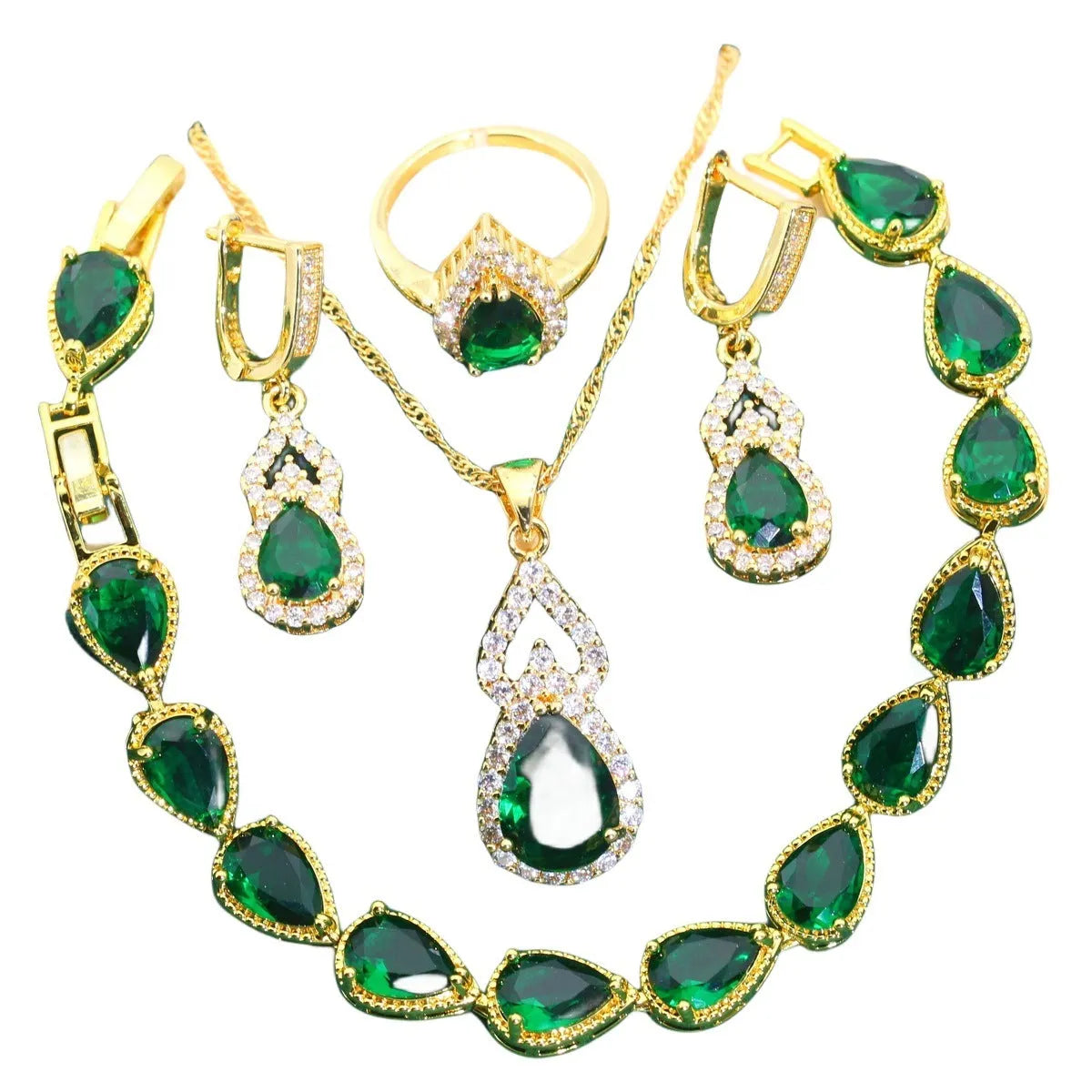 Bridal jewellery set copper inlaid zircon retro design green colour earrings ring necklace bracelet