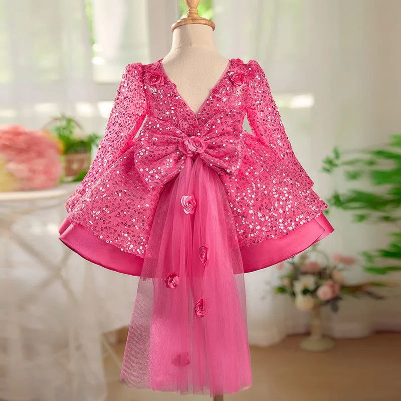 Girl's rose red sequined tulle tutu dress on child, polyester fabric, full skirt, side view