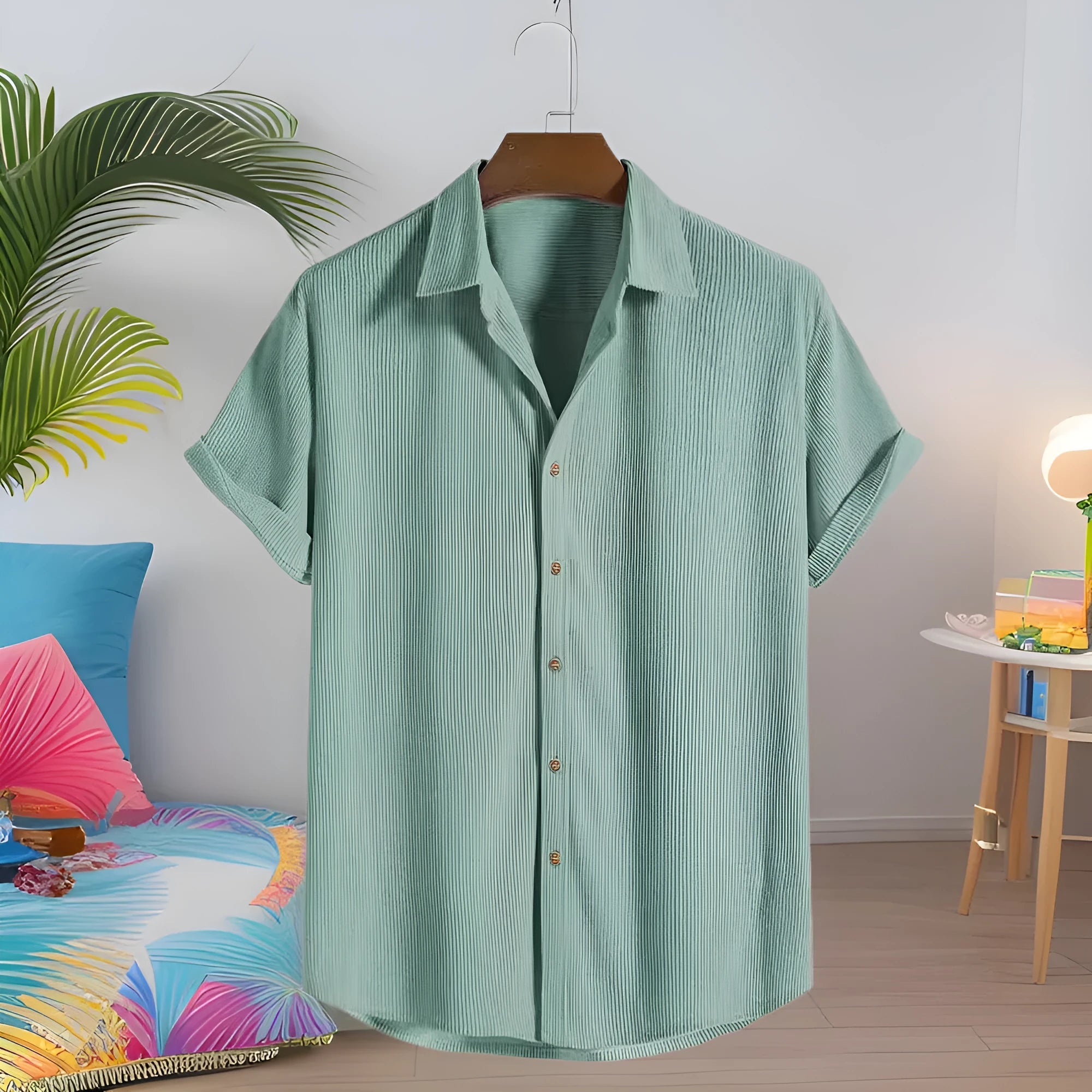 Man wearing a casual short-sleeved polyester cardigan-style shirt in a GKESJ colour.
