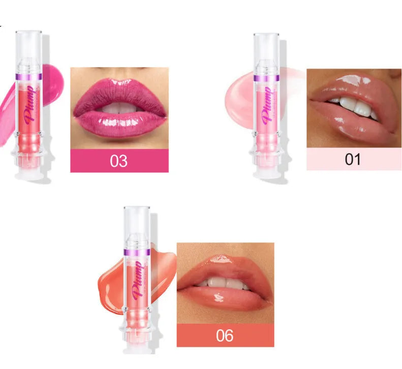 Tube of lip gloss showing shiny finish, available in six different colour shades.