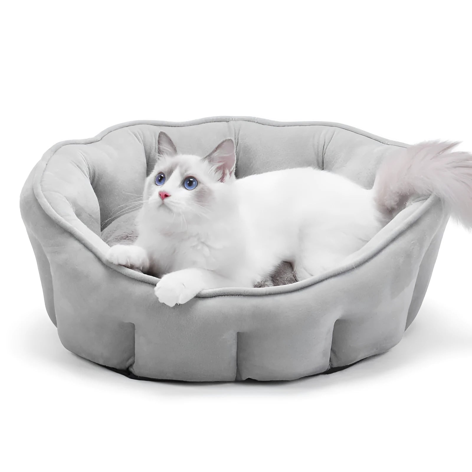 Grey plush cat kennel mat with hammock floor, measuring 46cm square, for winter warmth.