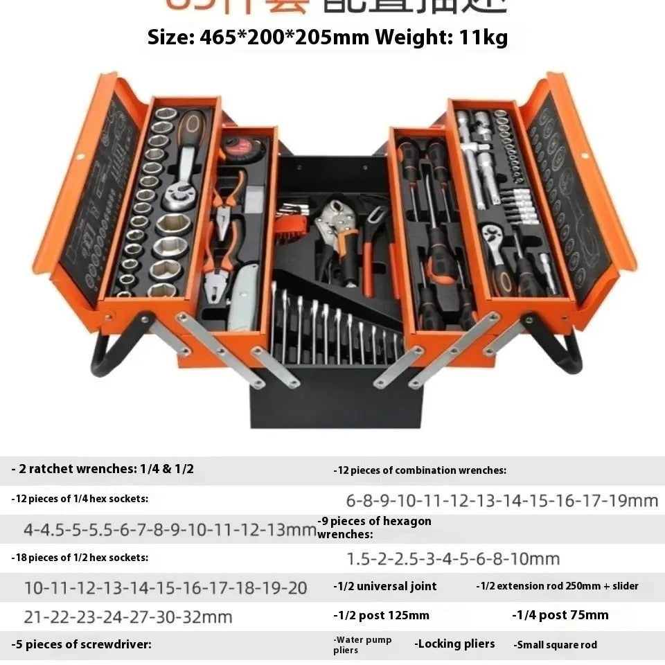 85-piece auto repair kit in a large three-layer toolbox for car and household use