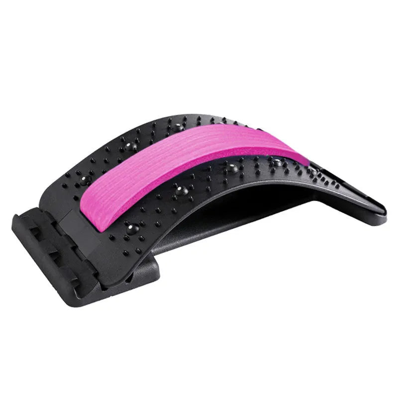 A black back massager and stretcher device with plastic pins and magnetic points on an adjustable frame.