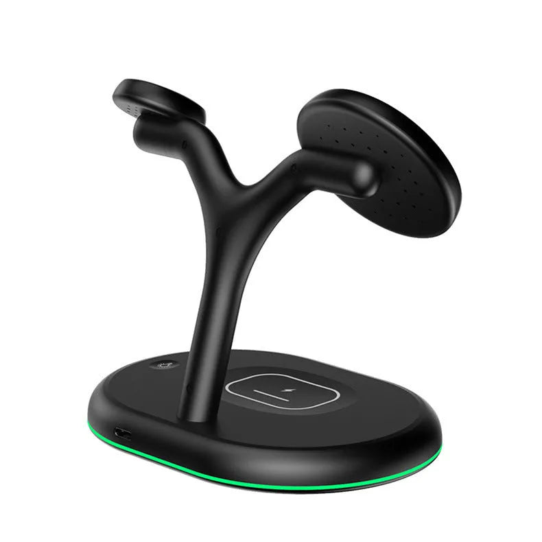 Black magnetic three-in-one 15W fast wireless charging stand with vertical orientation for desktop phone charging