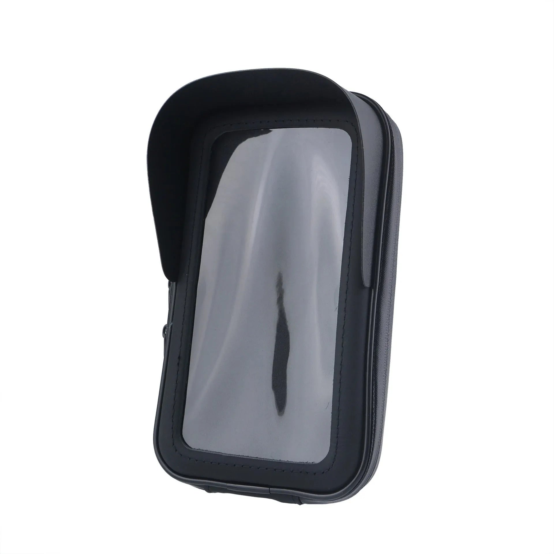 XL black bicycle waterproof phone mount bag made of PU leather, shown on handlebars with sun visor attached.