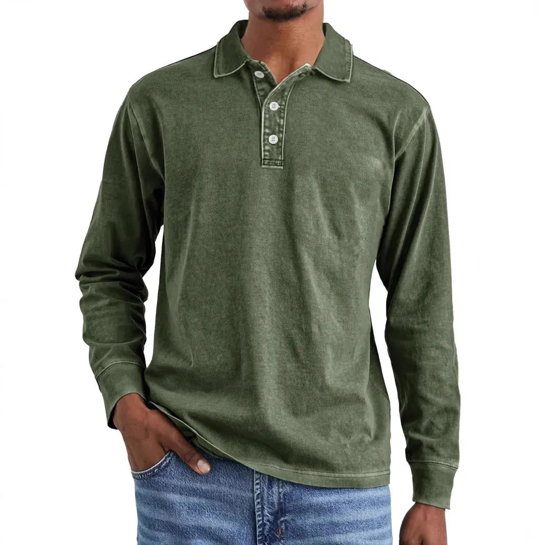 Men's long-sleeve distressed cotton polo shirt with a lapel collar in army green.