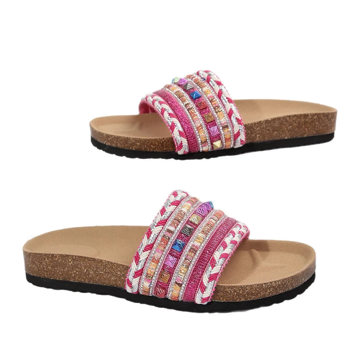 Pair of ethnic style platform slippers with rivet details, featuring linen upper and PVC sole, on a neutral background