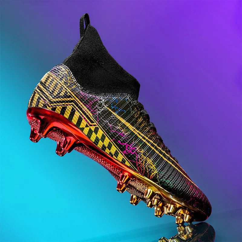 High-top football training shoes in mandarin duck colour with gold-plated PVC sole and lace-up closure