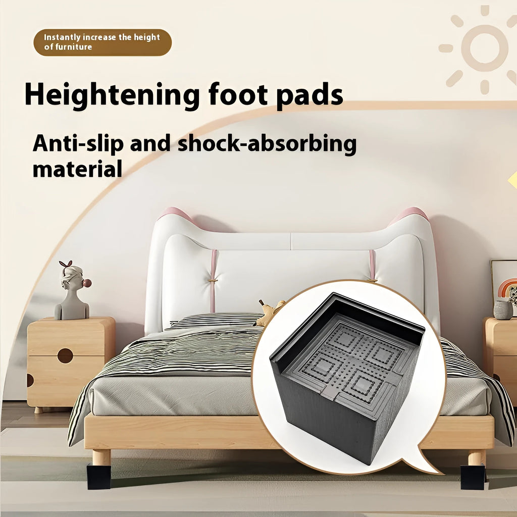Four black plastic furniture height adjustment mats for bed and sofa legs