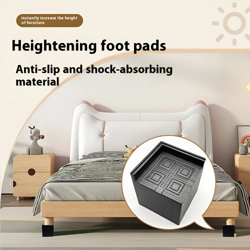 Four black plastic furniture height adjustment mats for bed and sofa legs