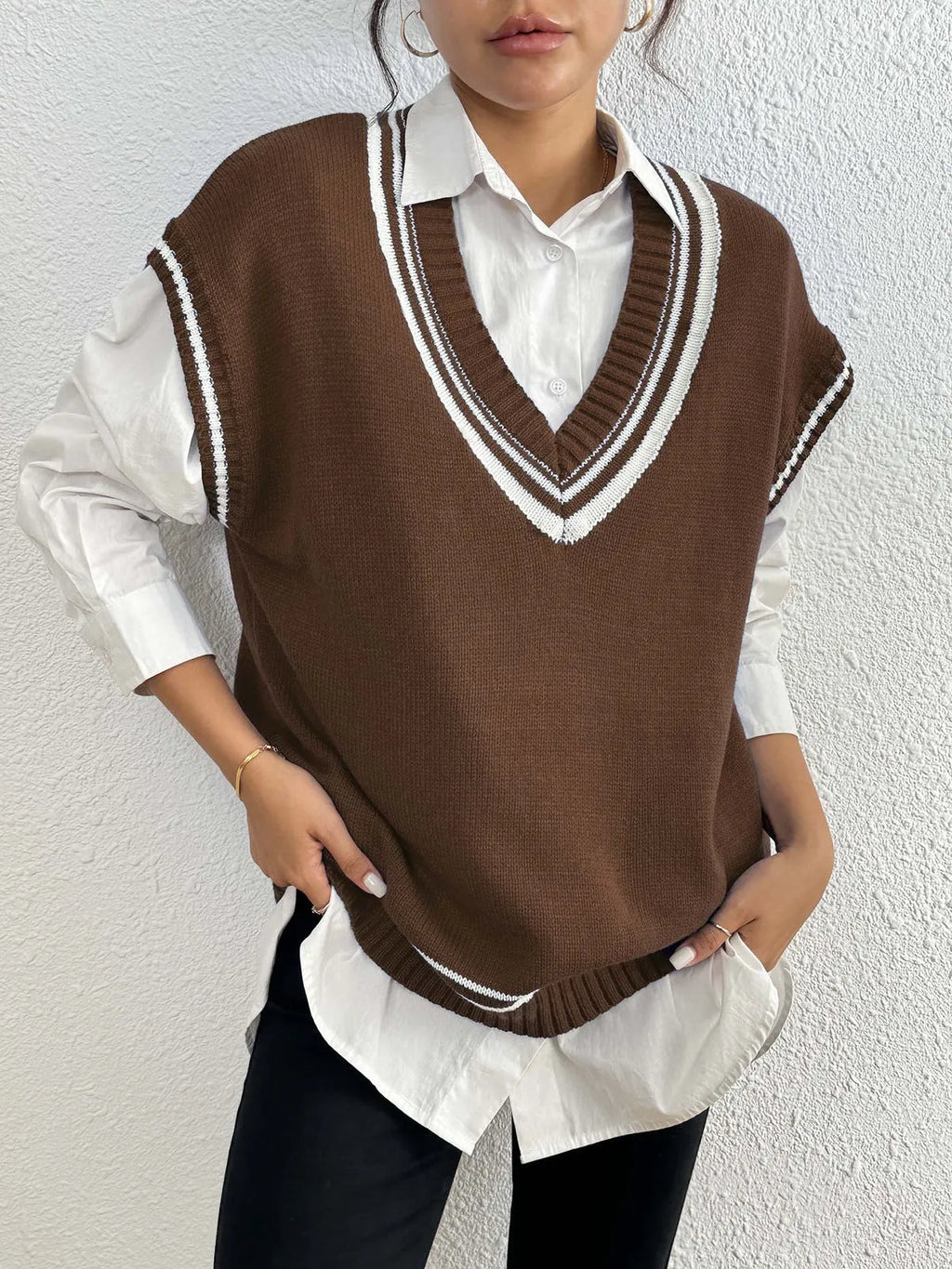Women's loose fit college style wool vest sweater in black, blue, and coffee colour options