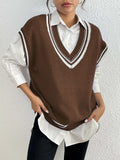 Women's loose fit college style wool vest sweater in black, blue, and coffee colour options