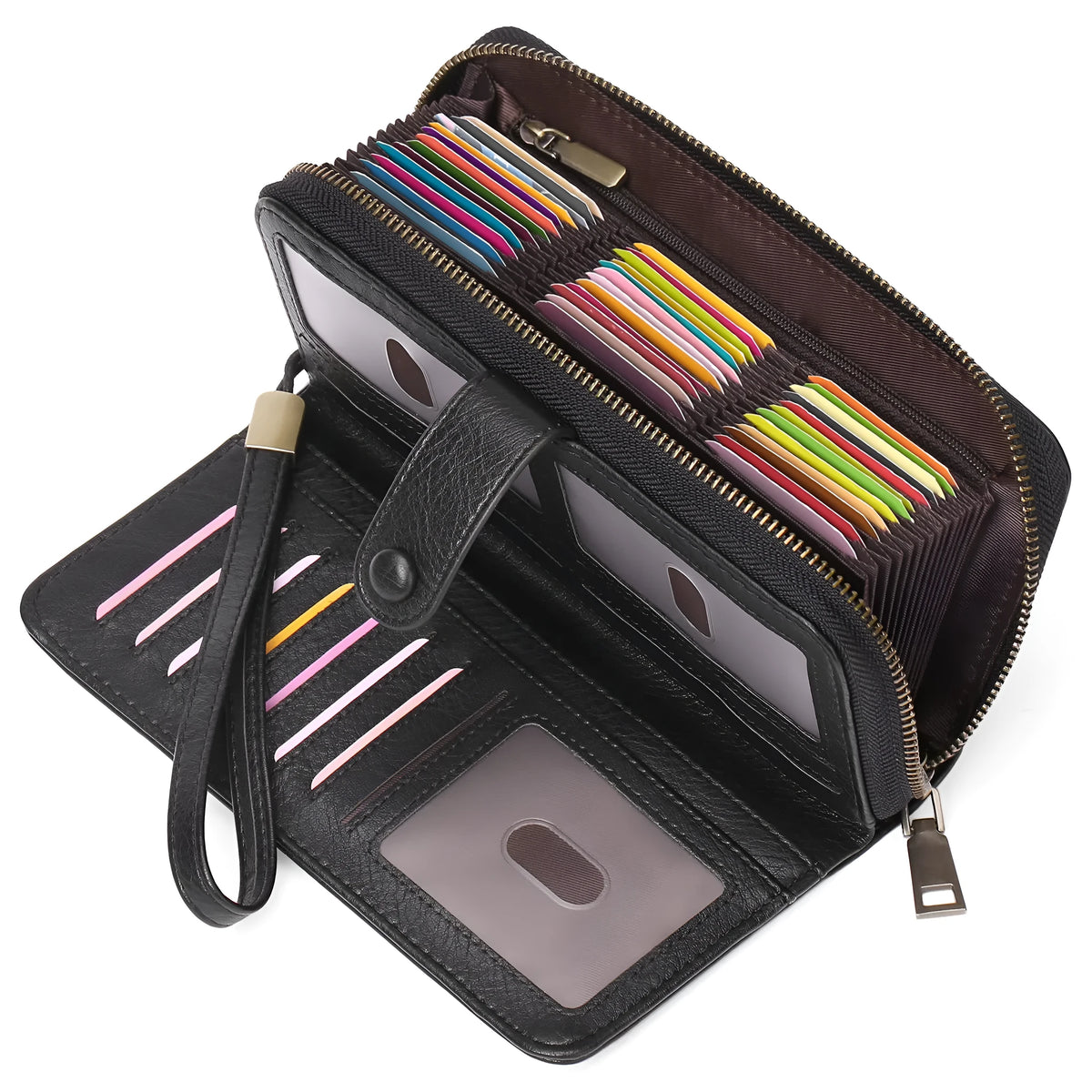 Expanding card holder women's long wallet in light brown PU leather with sewing line detail and anti-theft swiping feature.