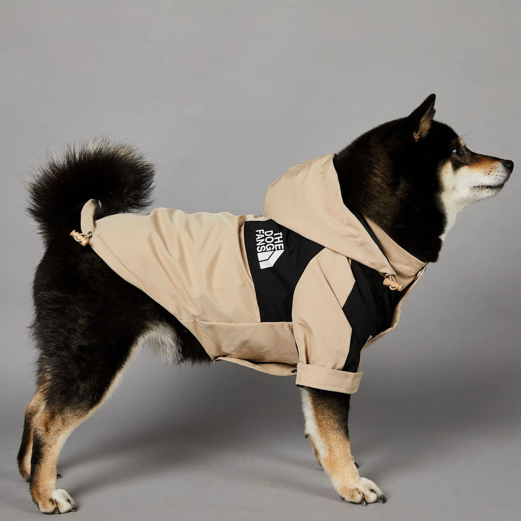 Khaki-coloured polyester dog shell coat shown on a model, sizes S to 5XL