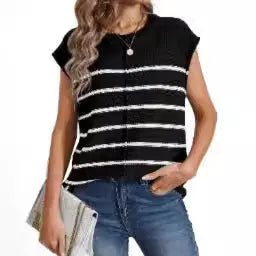 Women's striped sleeveless vest pullover top in acrylic fabric with bone stitching.