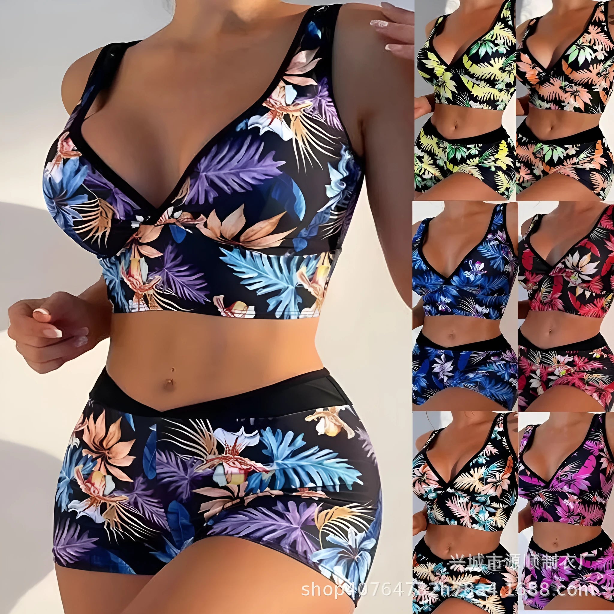 Women's two-piece printed boxer swimsuit set in a multi-colour pattern, showing sleeveless top and briefs.