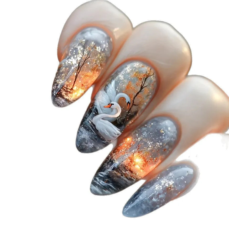 Starry sky pattern WM-43 Swan Lake Dance almond fake nails glue type for ladies